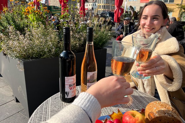 SMG Zwei Personen sitzen draußen an einem Tisch und stoßen mit Gläsern an, während sie sich unterhalten. Vor ihnen stehen eine Flasche Rotwein, zwei gefüllte Weingläser und ein Teller mit Brot und Obst.