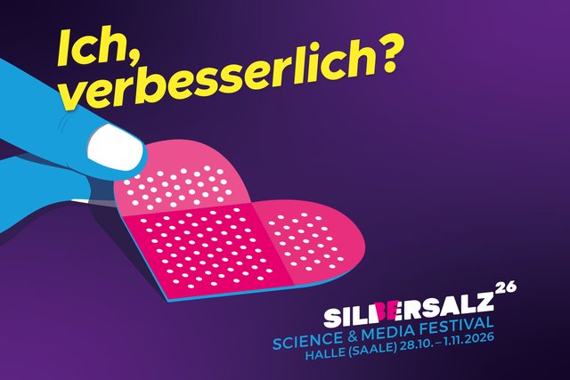 Plakat für das Silbersalz-Festival in der Halle Saale mit der Frage Ich, verbesserlich? Ein Herz mit einem Stethoskop als Symbol für Gesundheit oder Selbstreflexion.
