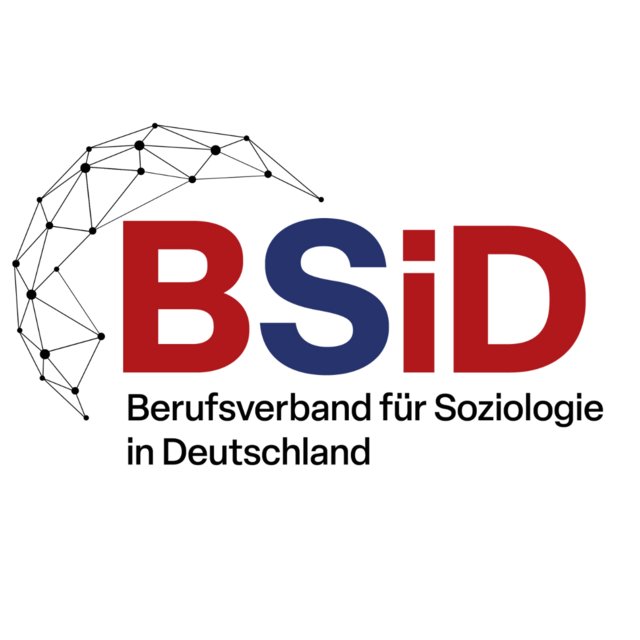 Logo des Berufsverbandes für Soziologie in Deutschland (BSiD) mit den Buchstaben B, S, i, D in Rot und Blau, wobei ein Netzwerk aus Punkten und Linien den Buchstaben „i“ umgibt.