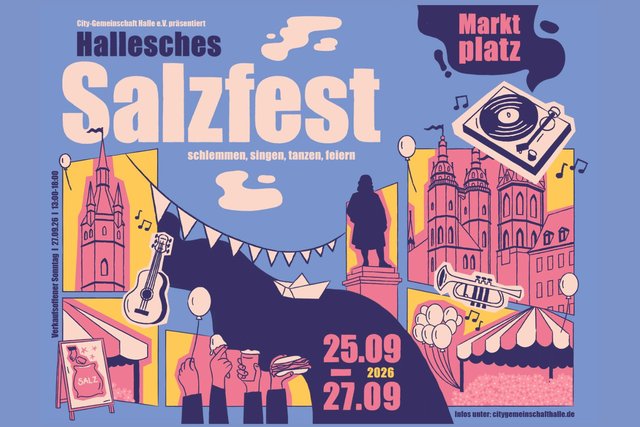 Plakat für das Hallesche Salzfest auf dem Marktplatz vom 25. bis 27. September mit Illustrationen von Festbesuchern, einem Salzfass und einem Pferd.