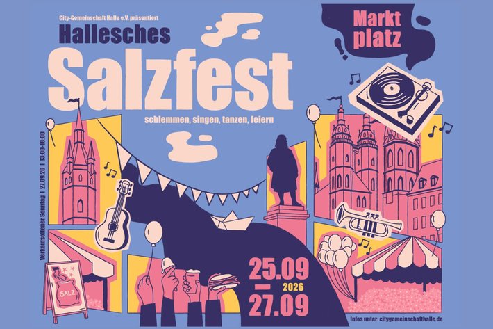 Plakat für das Hallesche Salzfest auf dem Marktplatz vom 25. bis 27. September mit Illustrationen von Festbesuchern, einem Salzfass und einem Pferd.