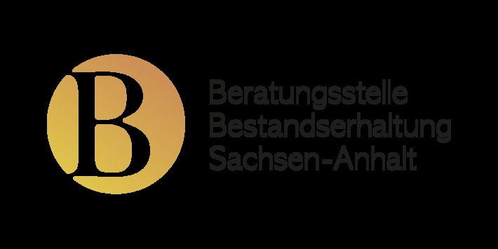 Logo der Beratungsstelle Bestandserhaltung Sachsen-Anhalt mit einem goldenen Kreis und dem Buchstaben B darin, daneben der Schriftzug Beratungsstelle Bestandserhaltung Sachsen-Anhalt.