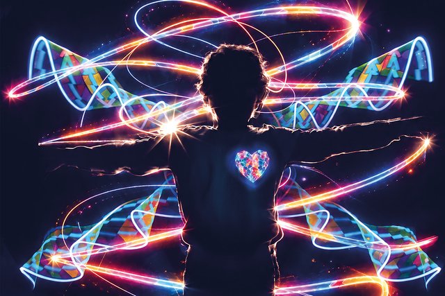 Eine Person mit Kapuze steht von hinten im Dunkeln und hält die Arme nach vorne, während bunte, leuchtende Lichtspuren wie Energie oder Magie um sie herum wirbeln.