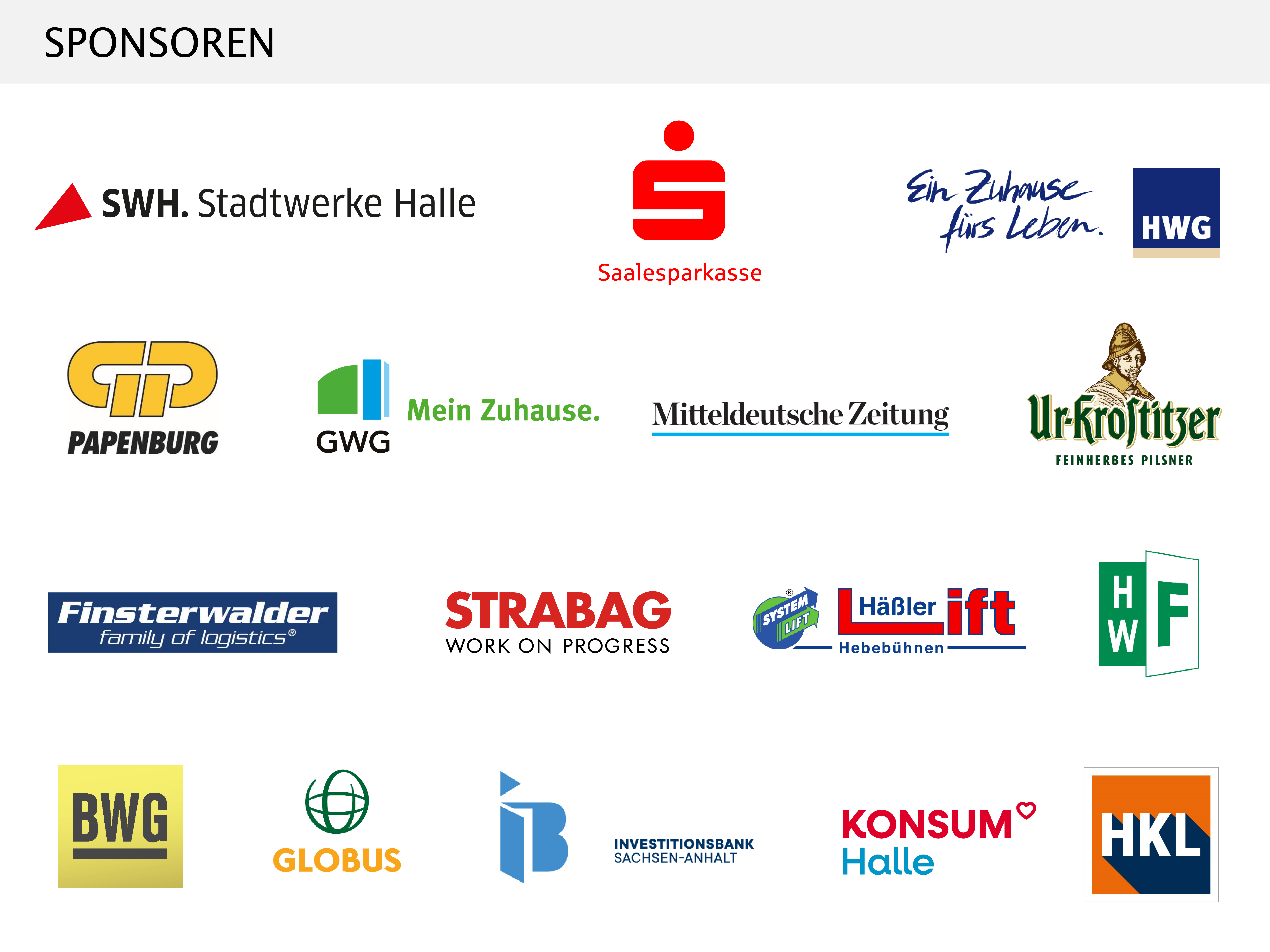 Sponsorenübersicht mit Logos verschiedener Unternehmen und Institutionen, darunter Stadtwerke Halle, Sparkasse, Mitteldeutsche Zeitung, StrabaG, Konsum, HWK Leipzig und weitere regionale und überregionale Partner.